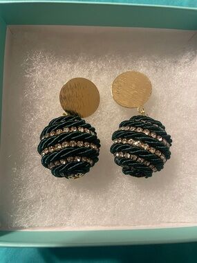 JBloom Gold Disc Dark Green Rope Ball Drop Earrings